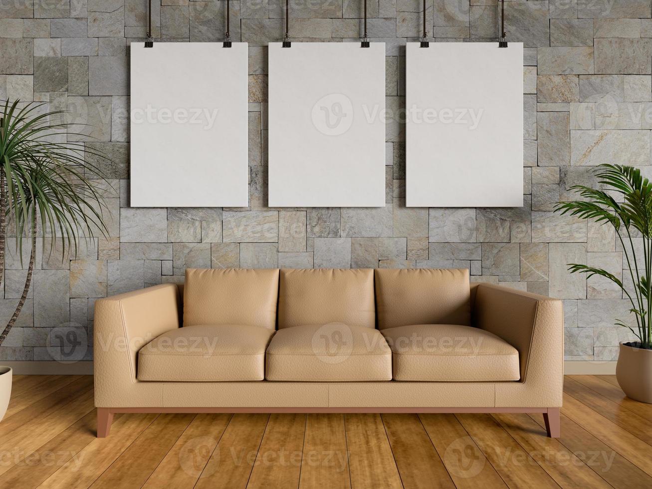 Mock up posters in living room, 3D rendering photo