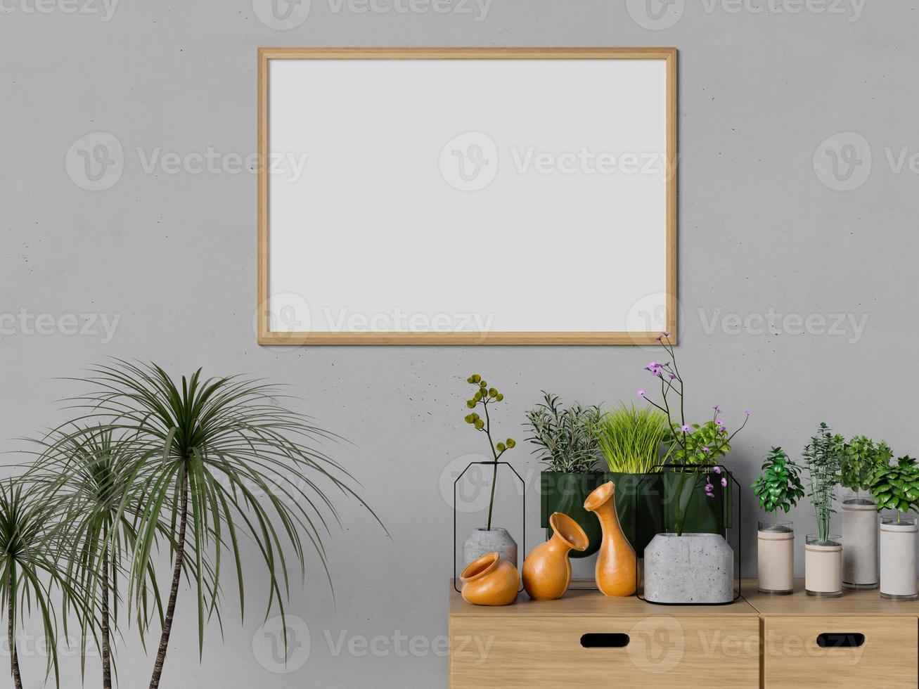 Mock up poster interior living room with plants photo