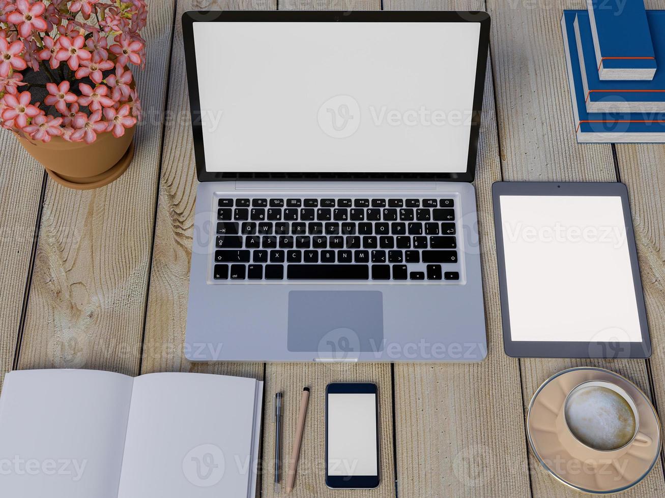 Mock up workspace on table with notebook, tablet, and phone photo