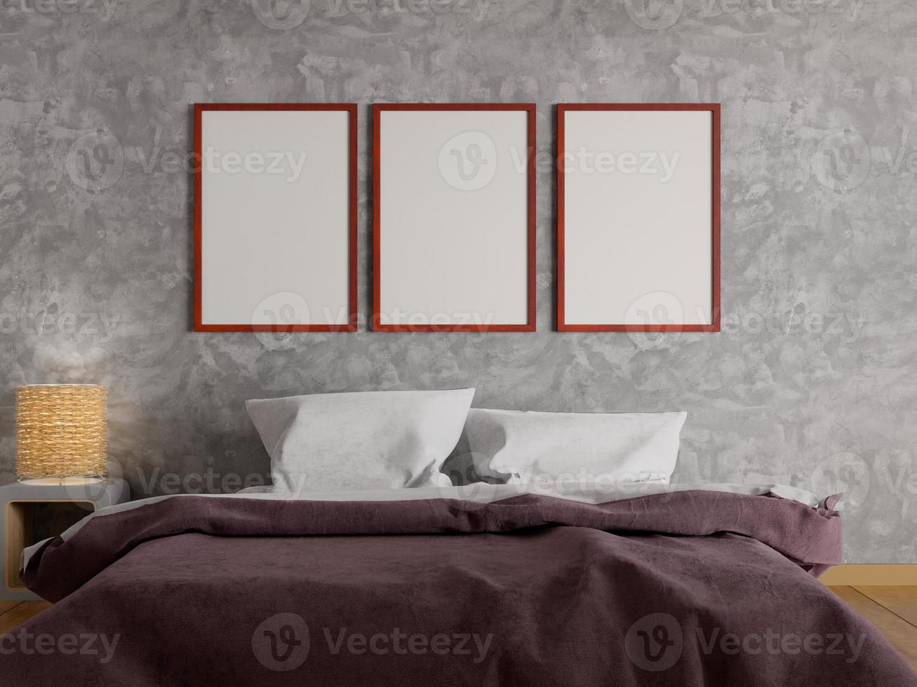 Mock up posters in bedroom, 3D rendering photo