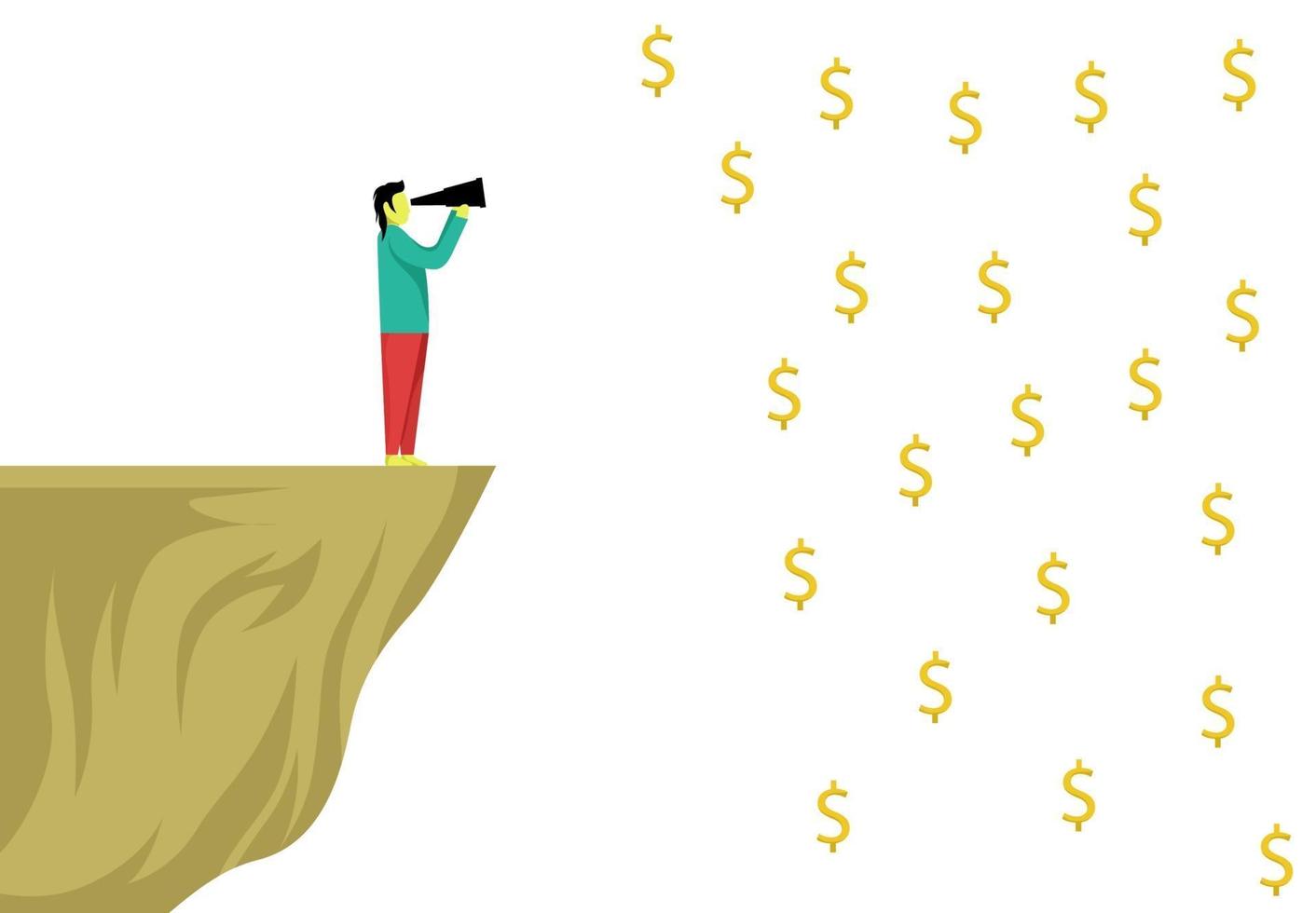 Person on cliff looking at looking dollar signs vector