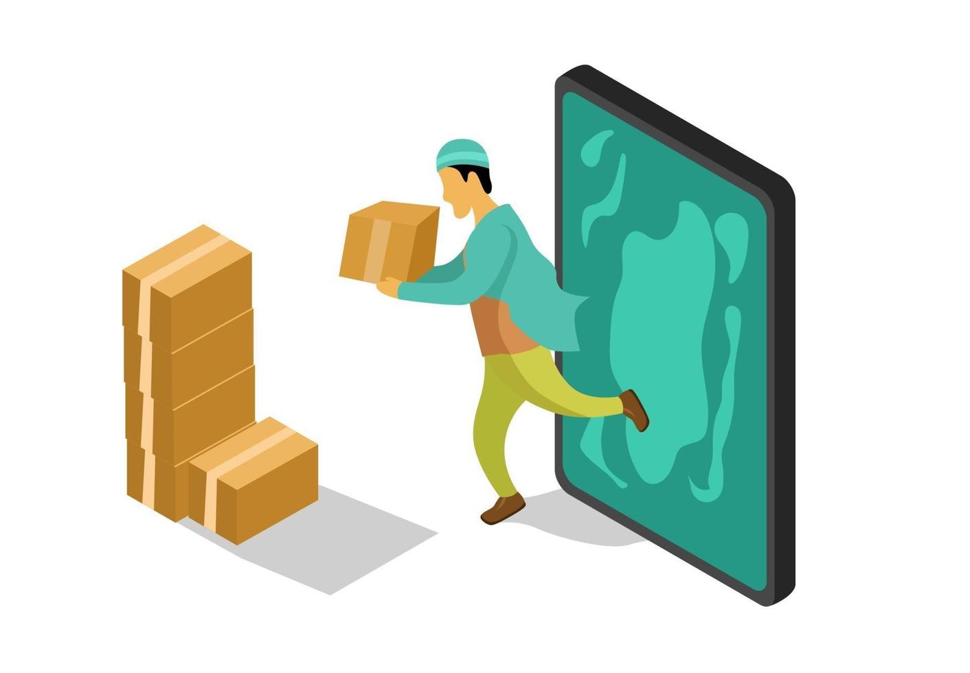 Person with shipping box product isometric concept vector