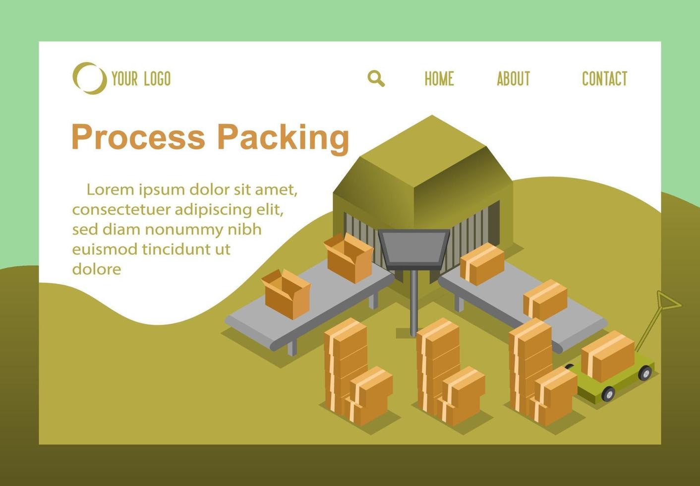 Vector isometric process carton packing, product manufacturing factory concept