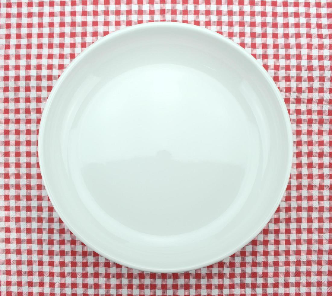 Plate on checkered tablecloth photo