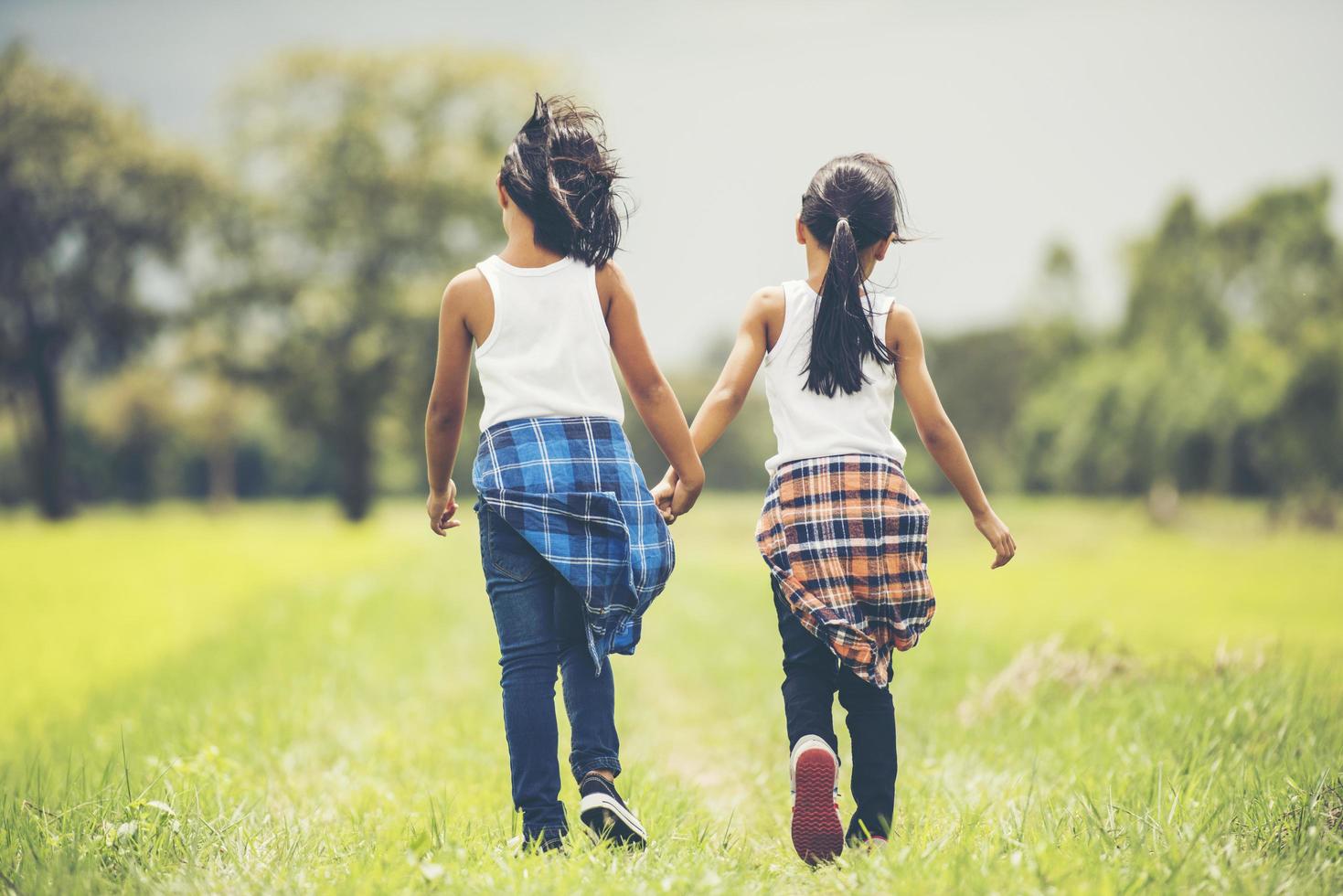 Two little girls holding hands in the park photo