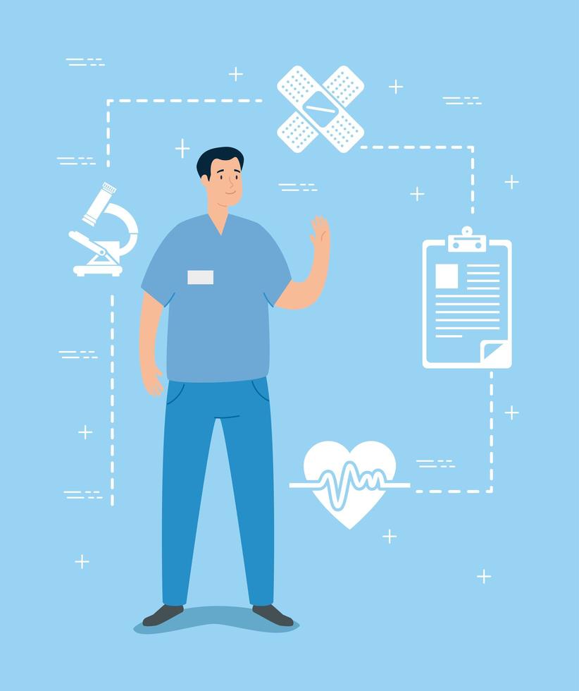 Nurse with set of medical icons vector