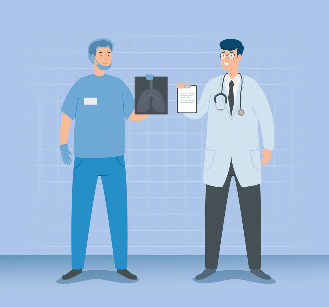 doctor and nurse with lungs x ray vector