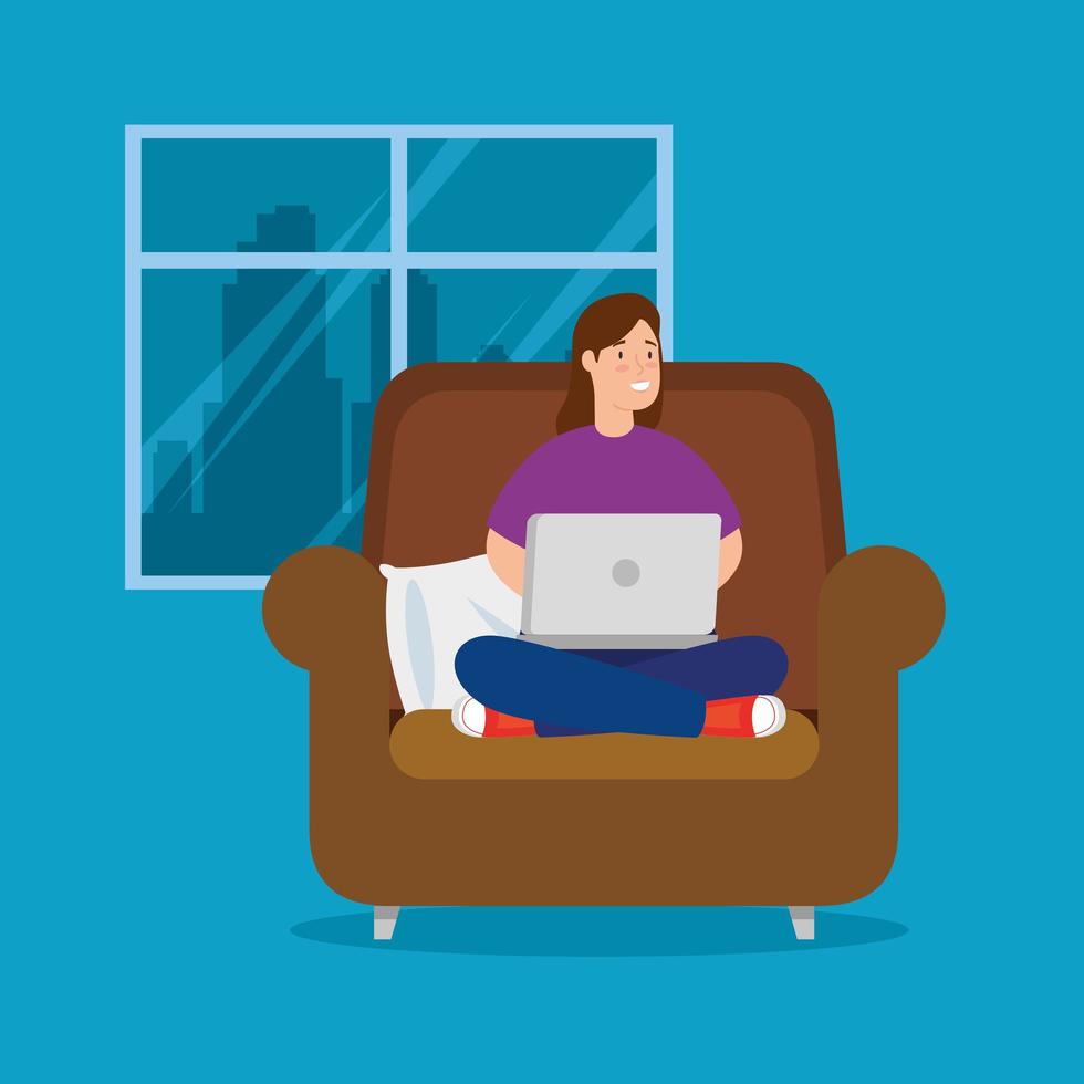 Woman working at home with laptop on couch vector