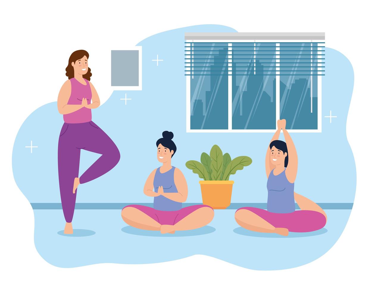 mujeres haciendo yoga en la casa vector
