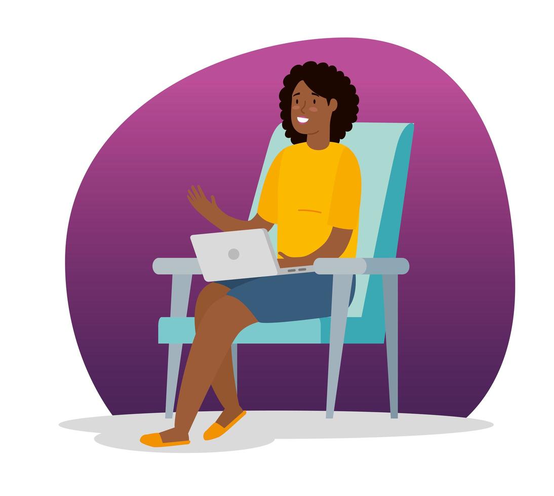 afro woman working at home with laptop sitting on the chair vector