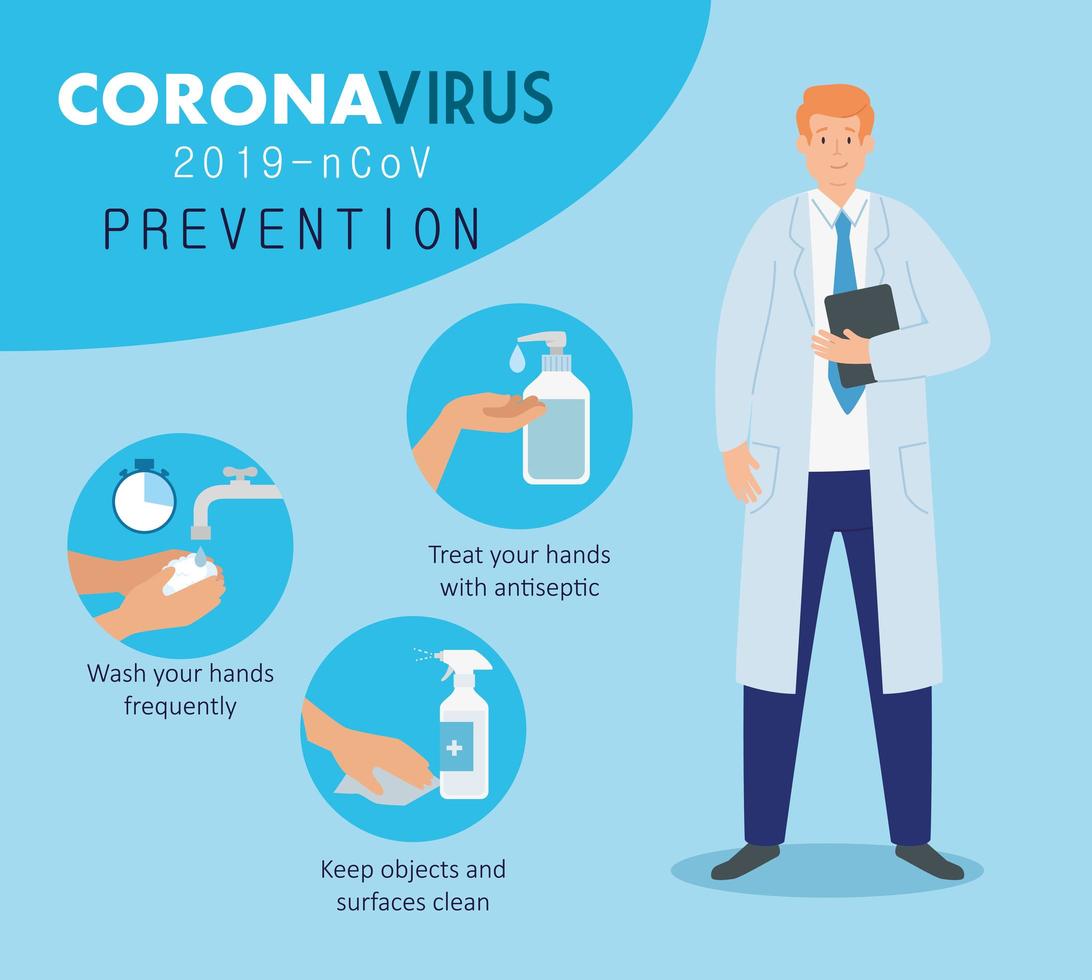 médico masculino para la prevención del coronavirus vector