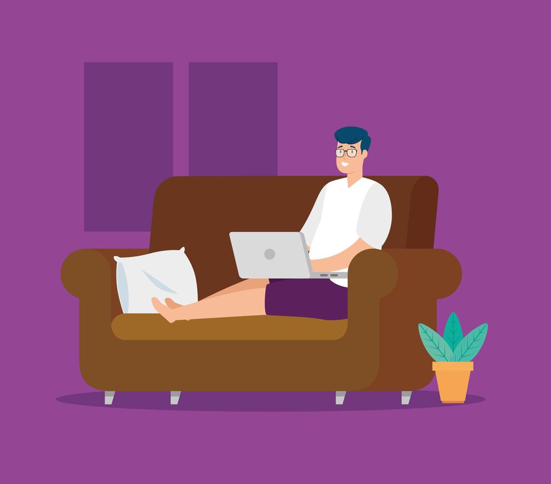 man working at home with laptop on couch vector