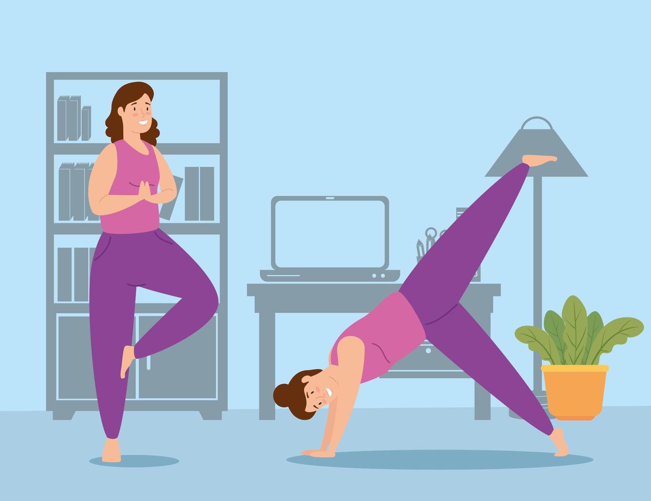 women exercising in the house scene vector