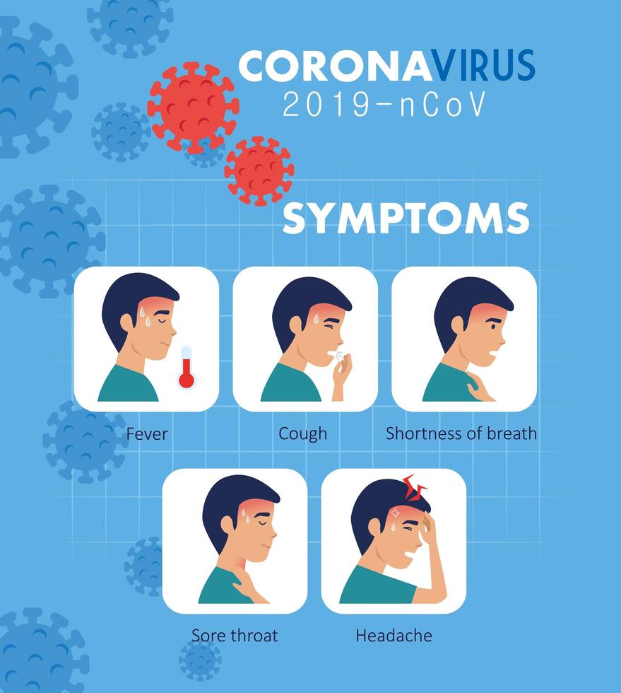 síntomas del coronavirus 2019 ncov con iconos vector