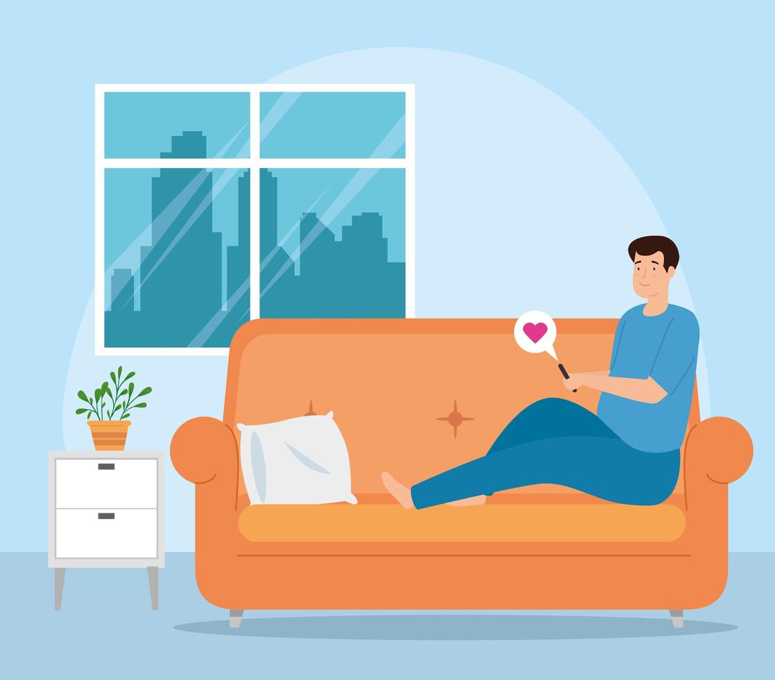 campaign stay at home with man in the living room chatting on the smartphone vector