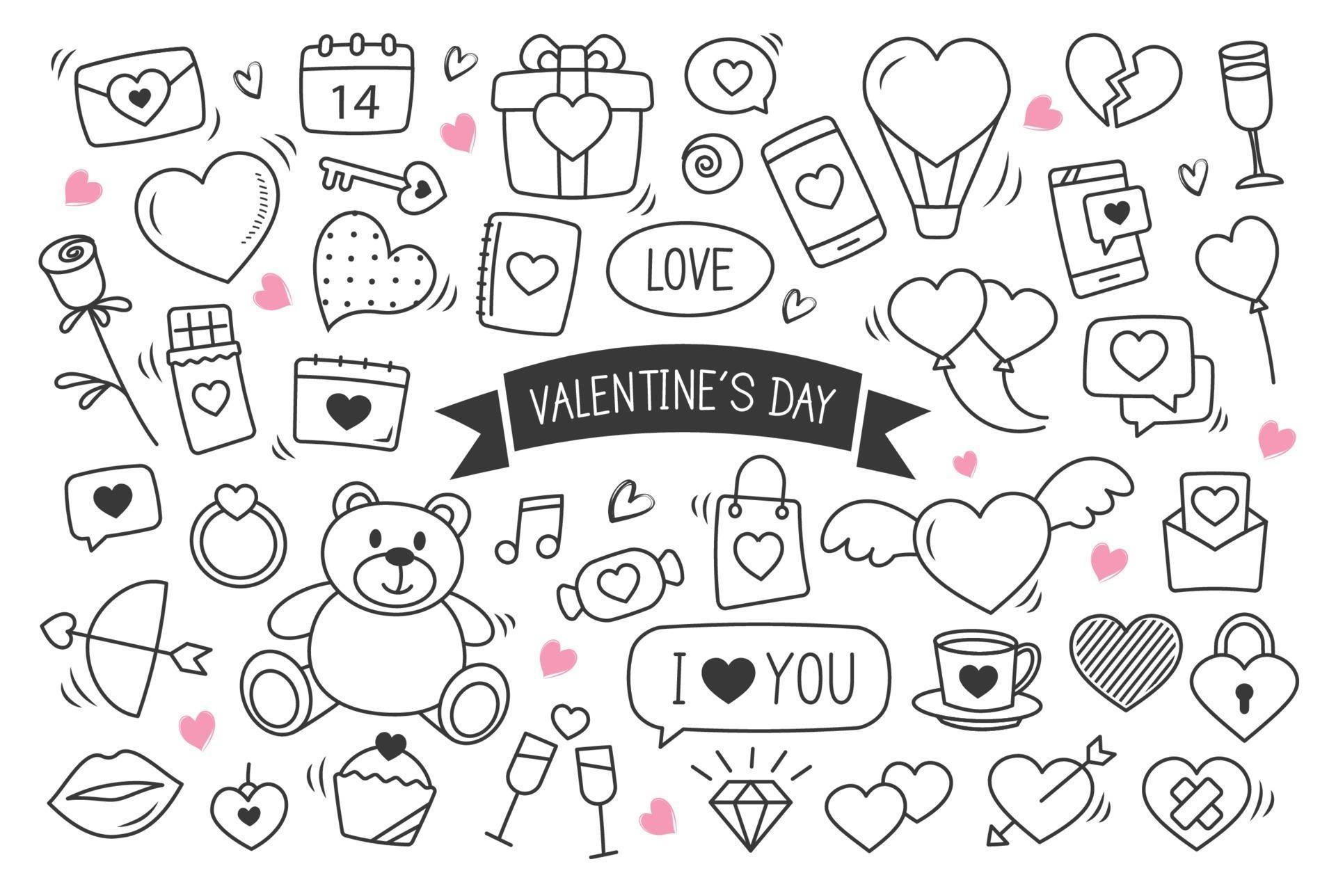 Valentine's day hand drawn doodles objects and symbols. Set of love and