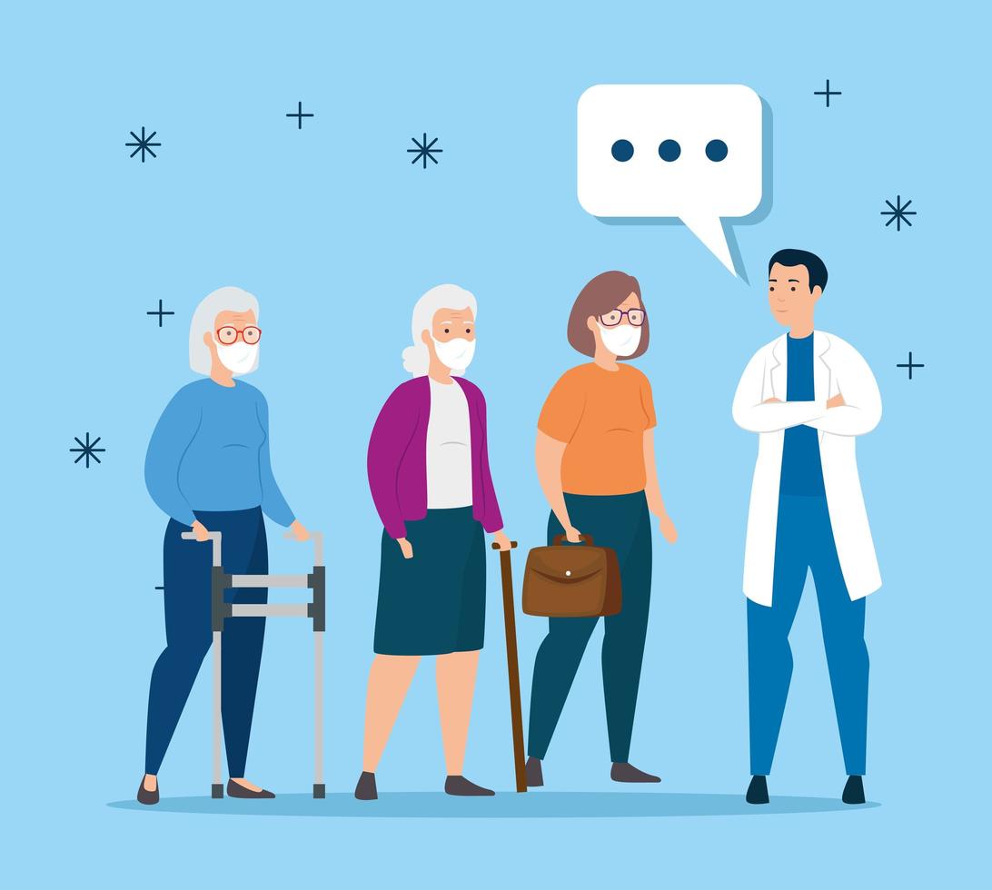 old women with face masks talking to a doctor vector