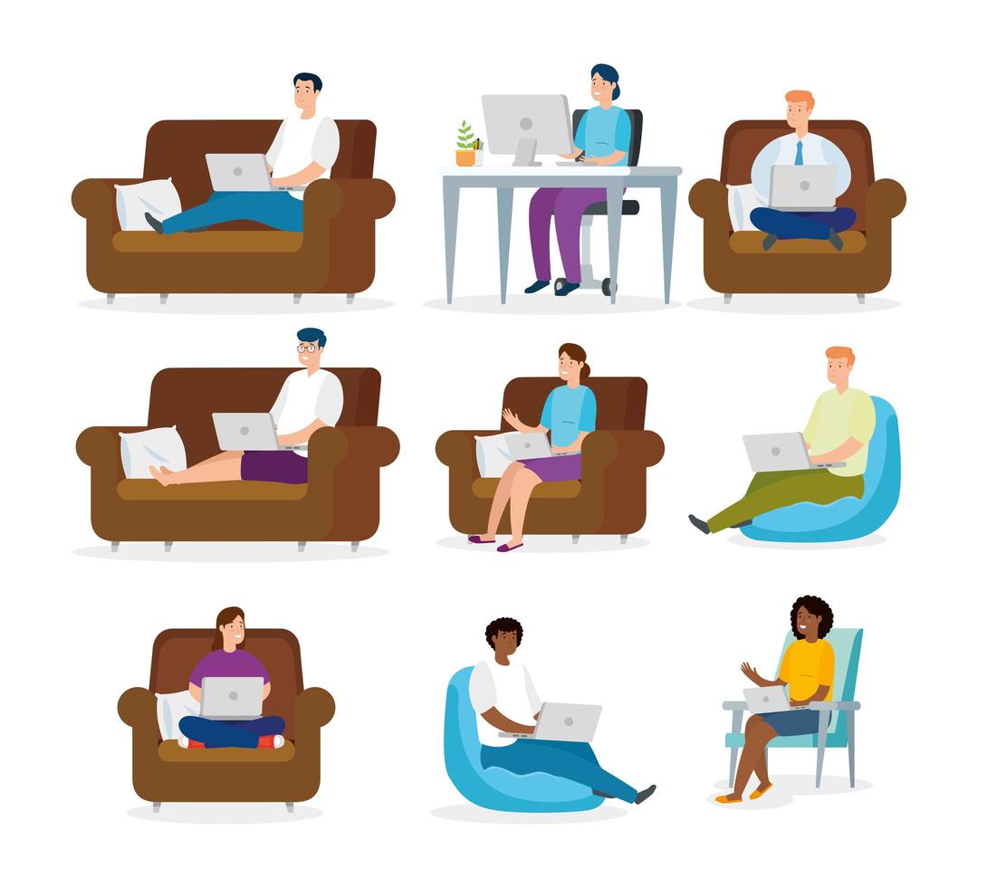 set of people working at home vector