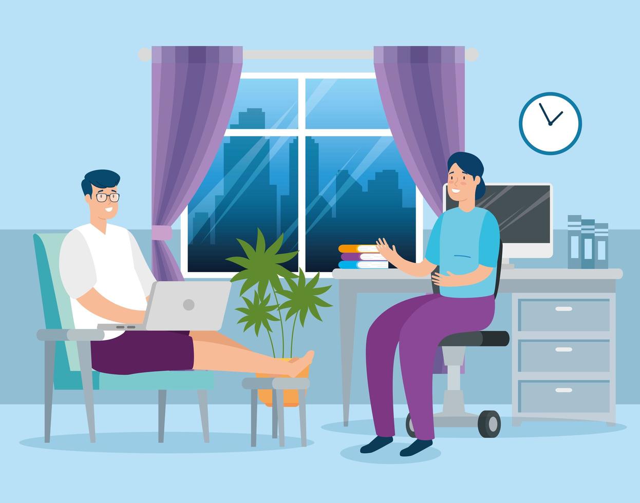 scene couple working from home vector