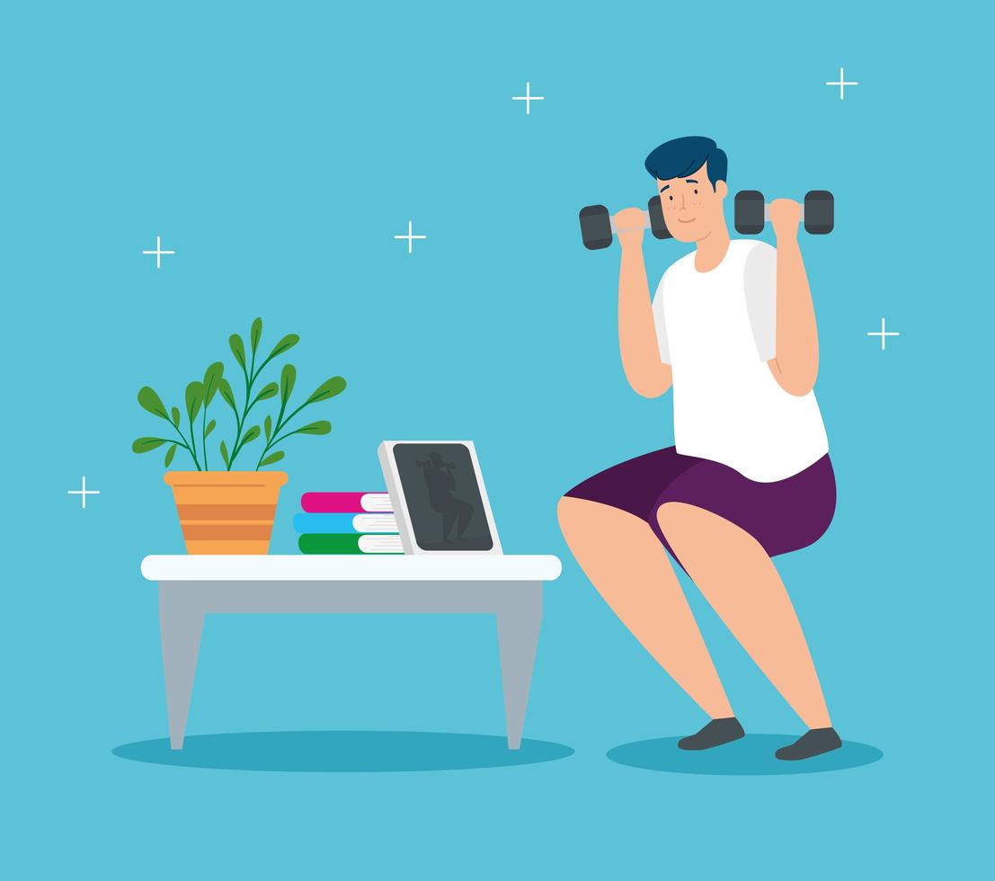 campaign stay at home with man lifting weights vector