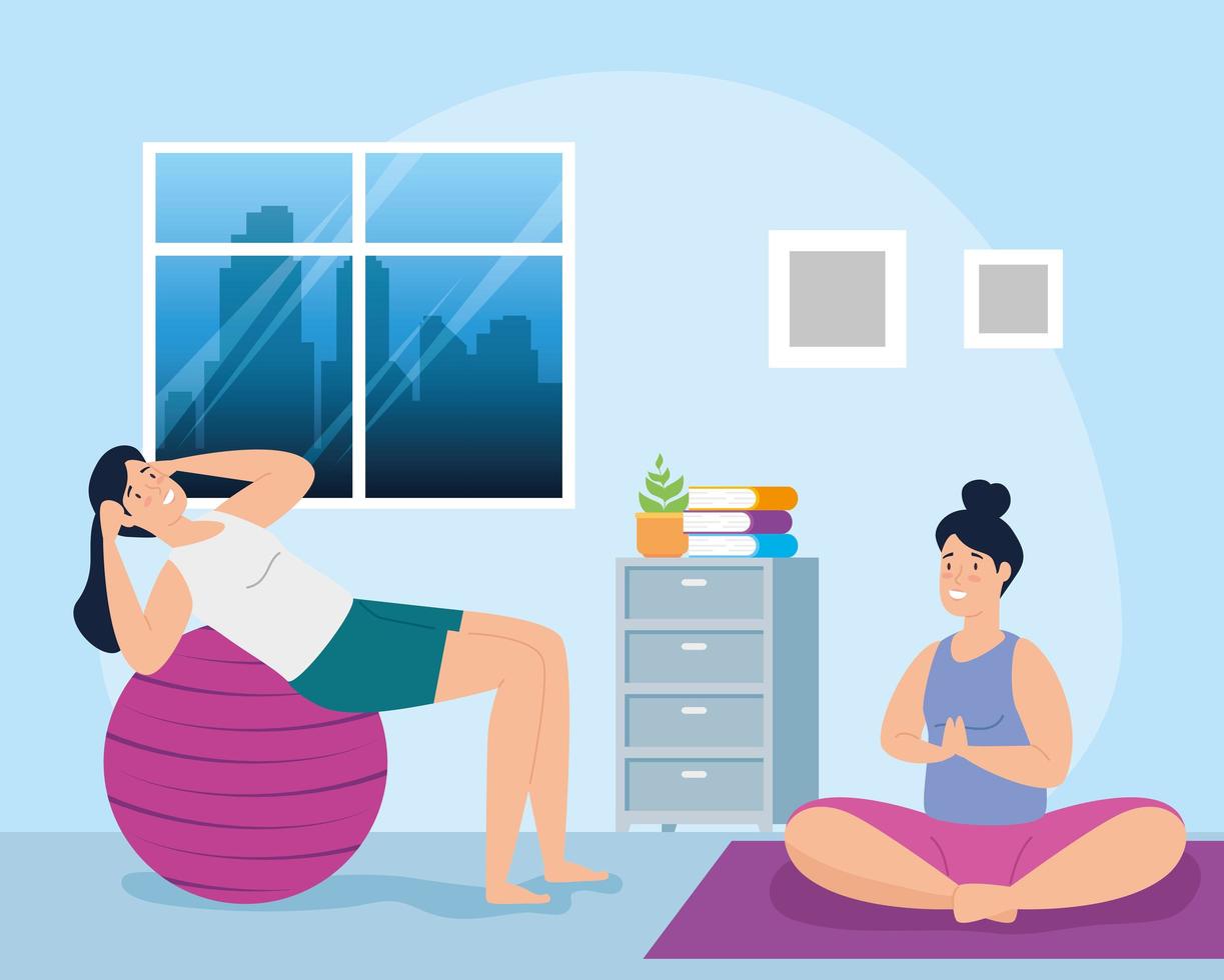 women exercising in the house scene vector