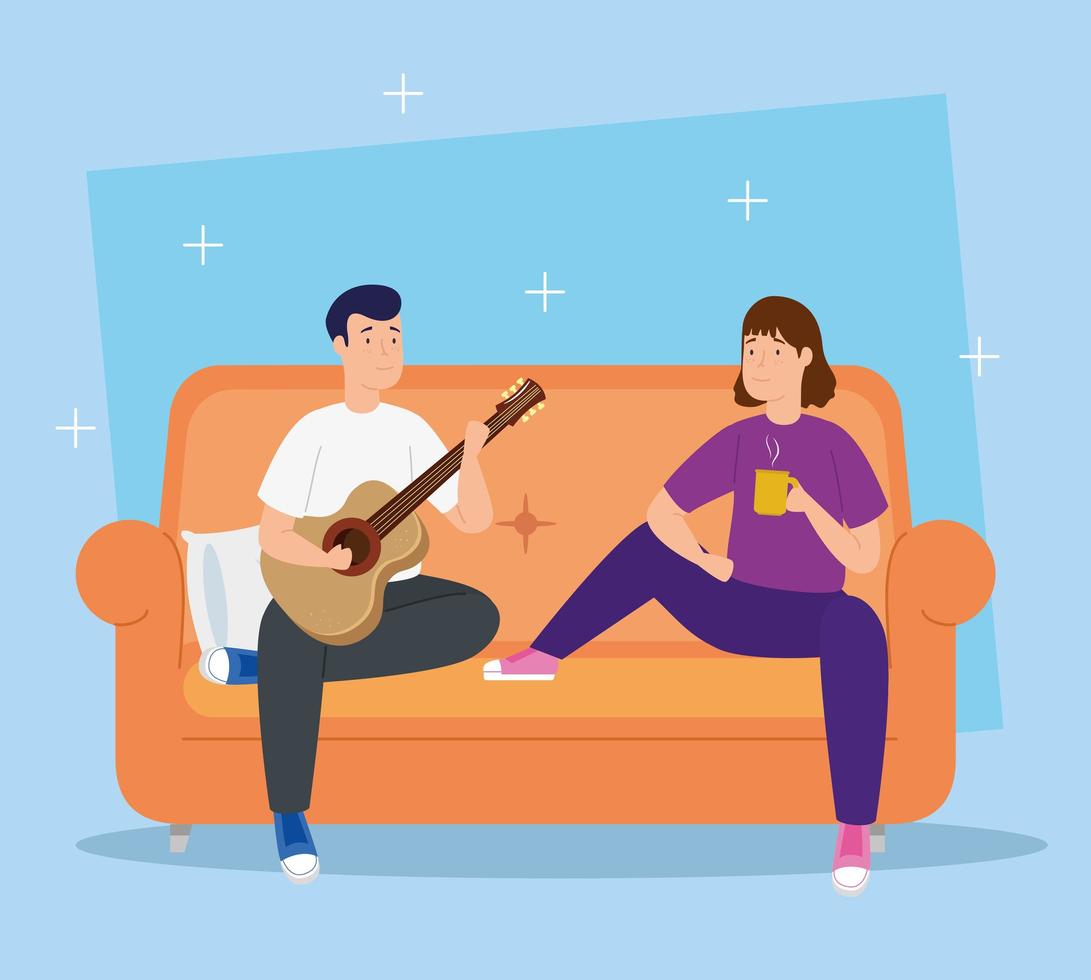 campaign stay at home with couple in living room vector