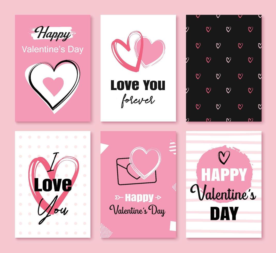 tarjetas de felicitación del día de San Valentín con corazones y decoración de símbolos para invitación, folleto, carteles, etiquetas, pancartas. vector