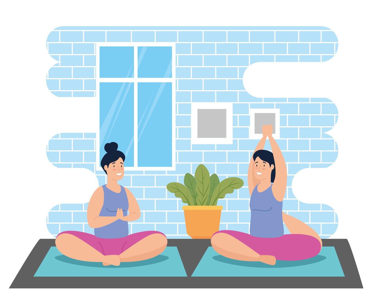 women doing yoga in the house vector