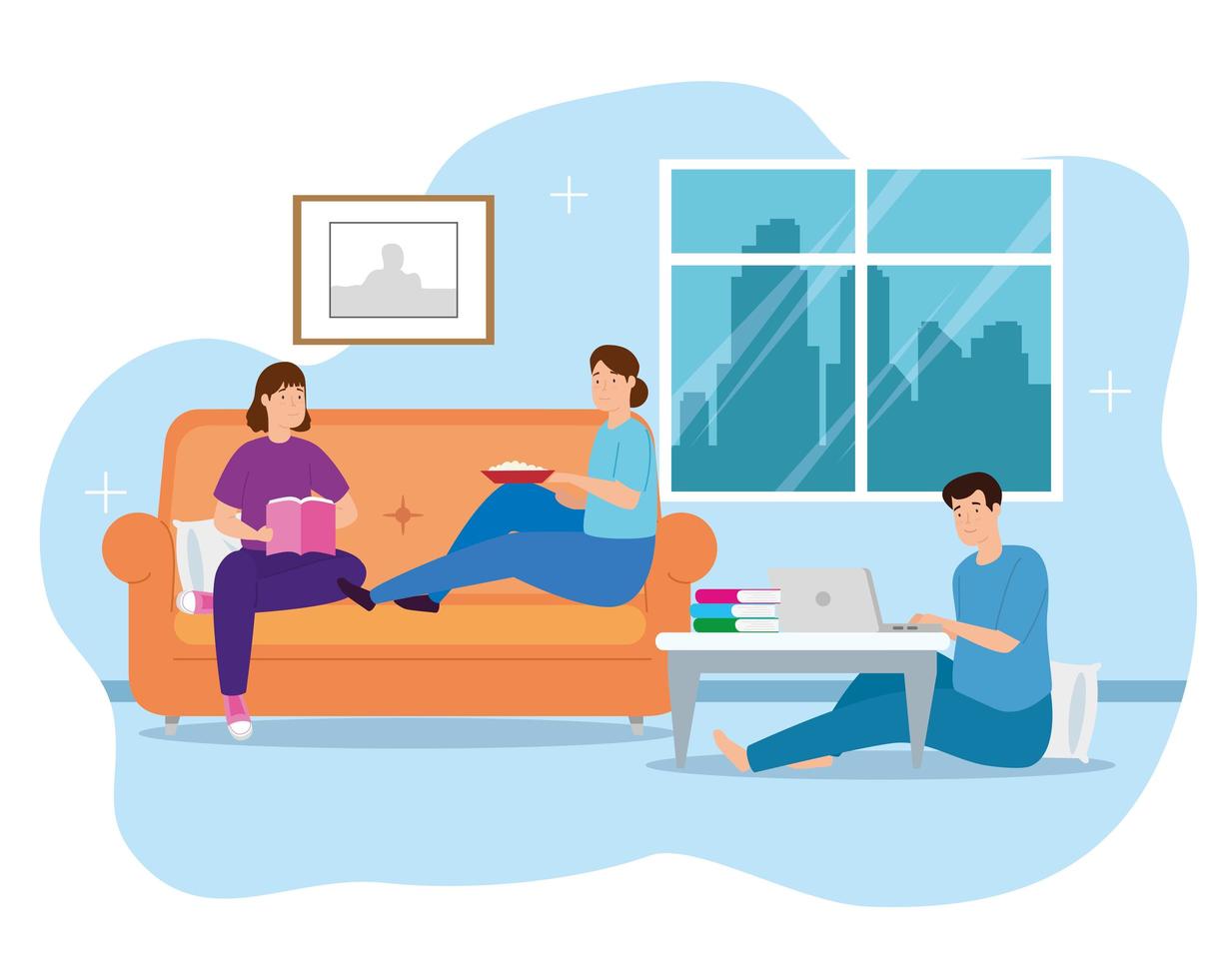 campaign stay at home with people in the living room vector