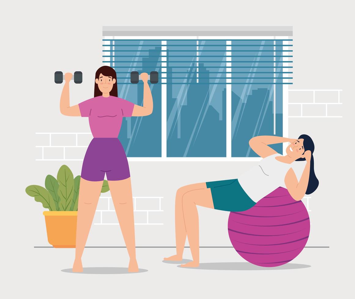 women exercising in the house scene vector