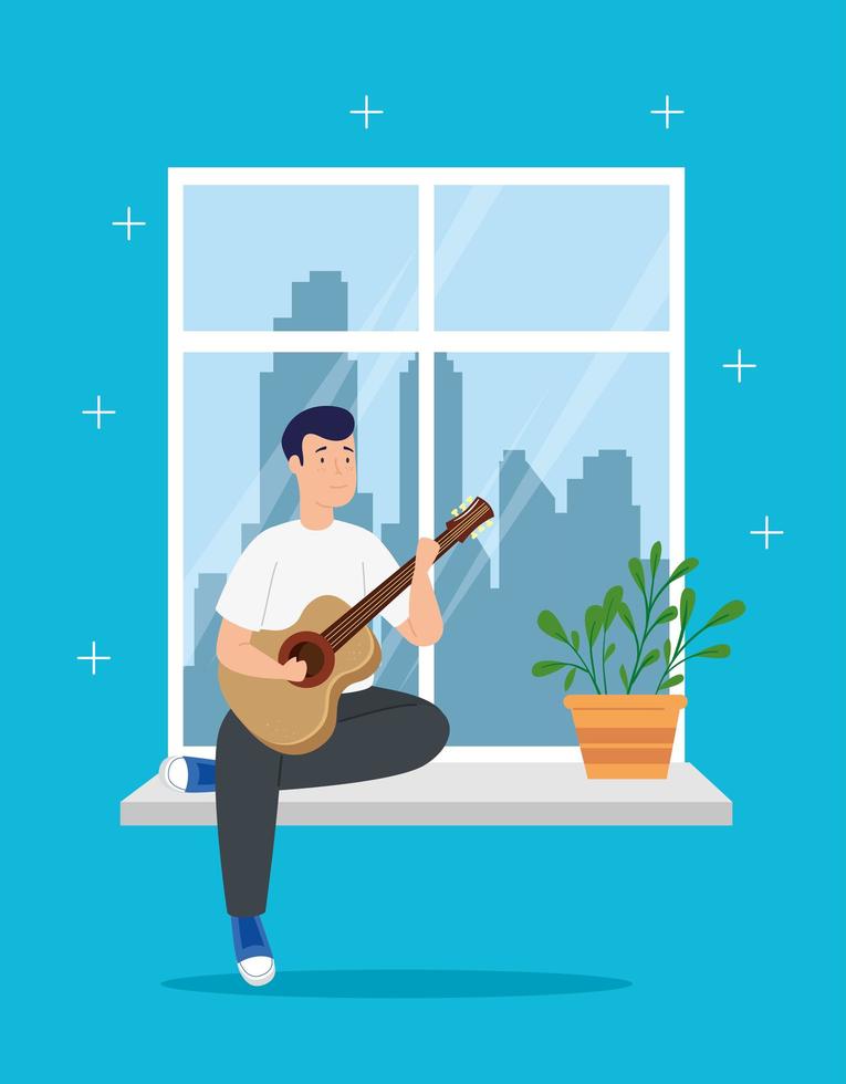 Campaña quédate en casa con el hombre tocando la guitarra. vector