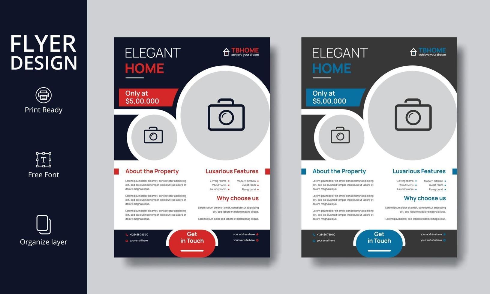 Creative Modern Red and Blue Real Estate Flyer Design for Elegant Home vector