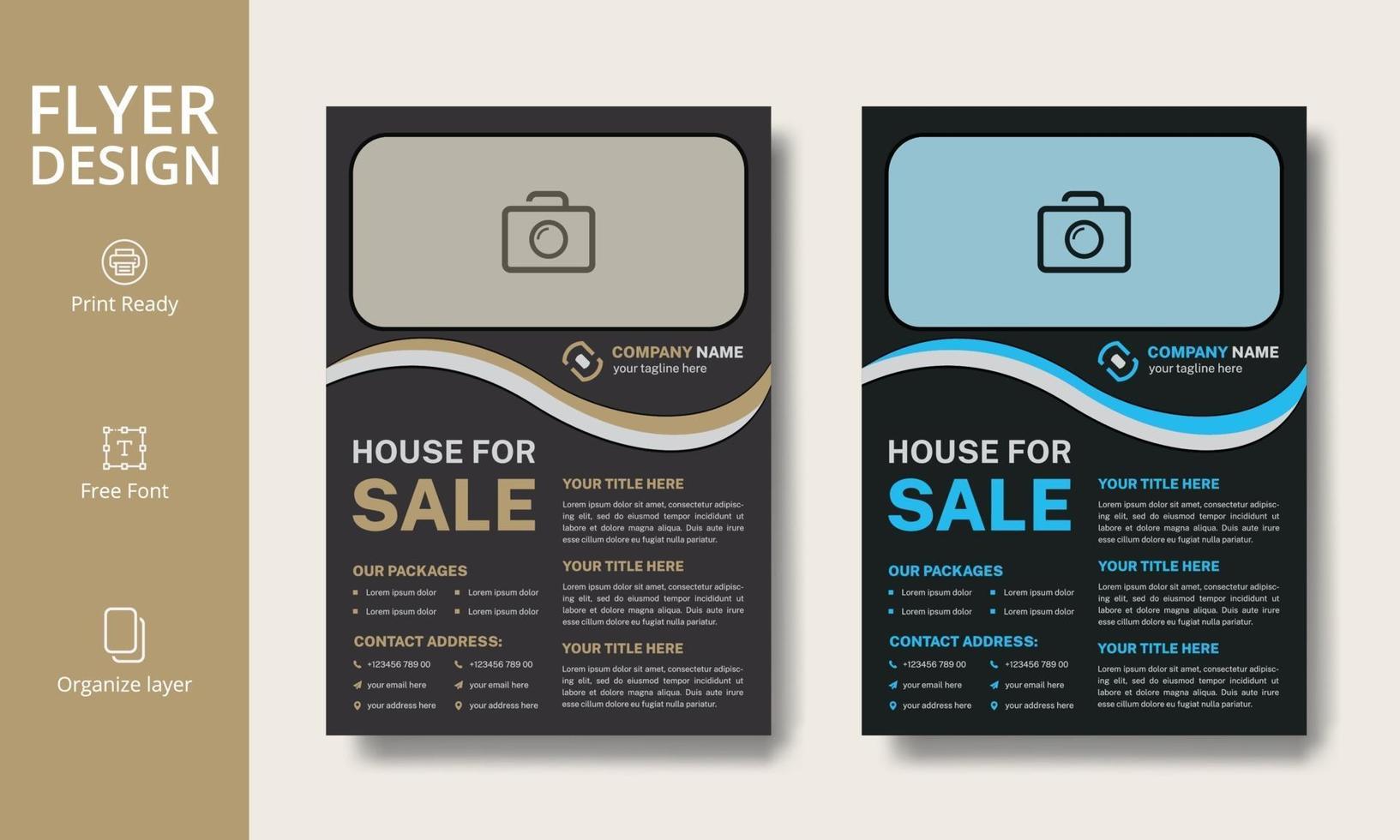 Modern Real Estate Advertising Blue and Ocher Flyer Design Template, A4 size with bleed, Print Ready, Editable vector