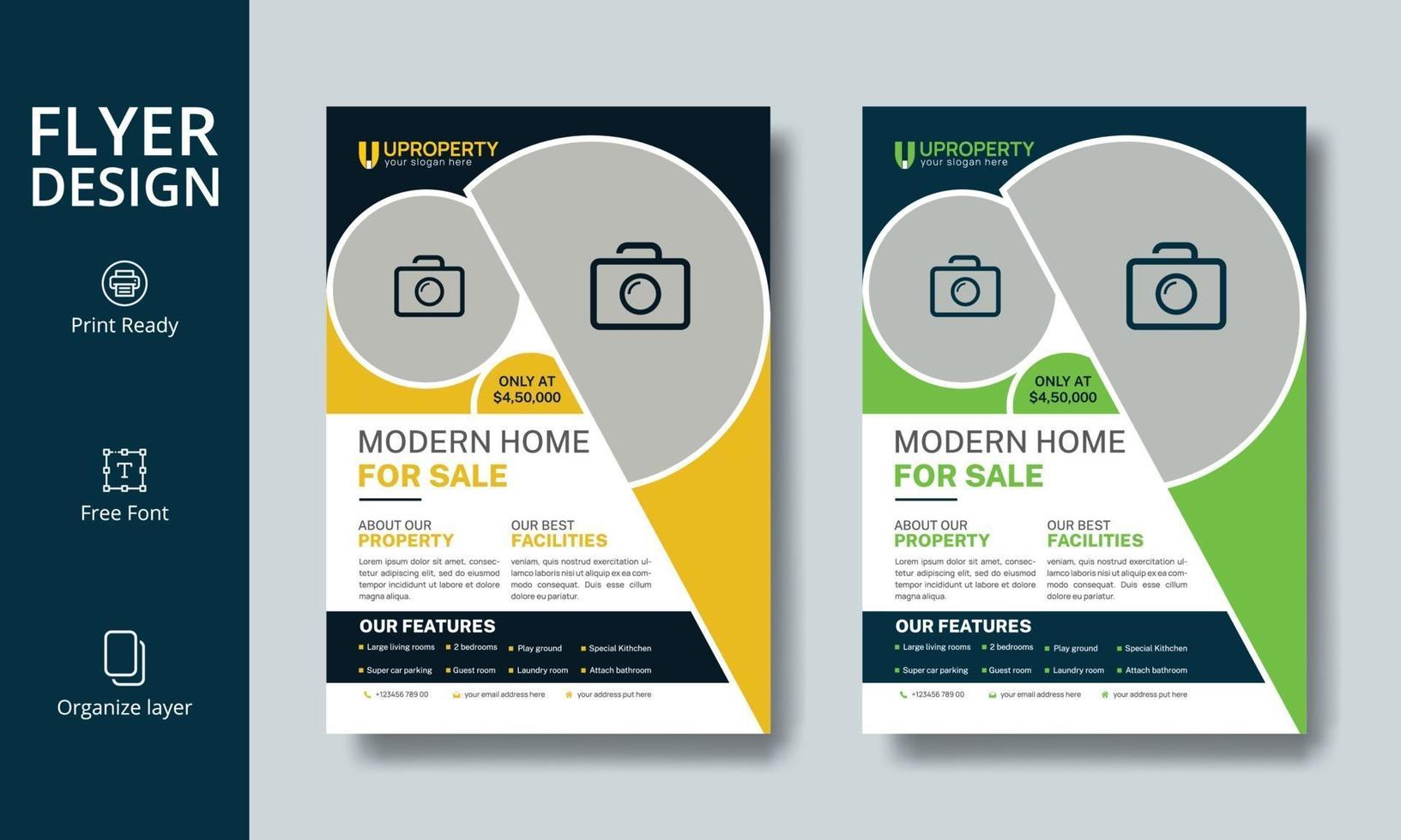 Modern Home Yellow and Green Real Estate Flyer Design, Round Shape Property Leaflet Design Vector