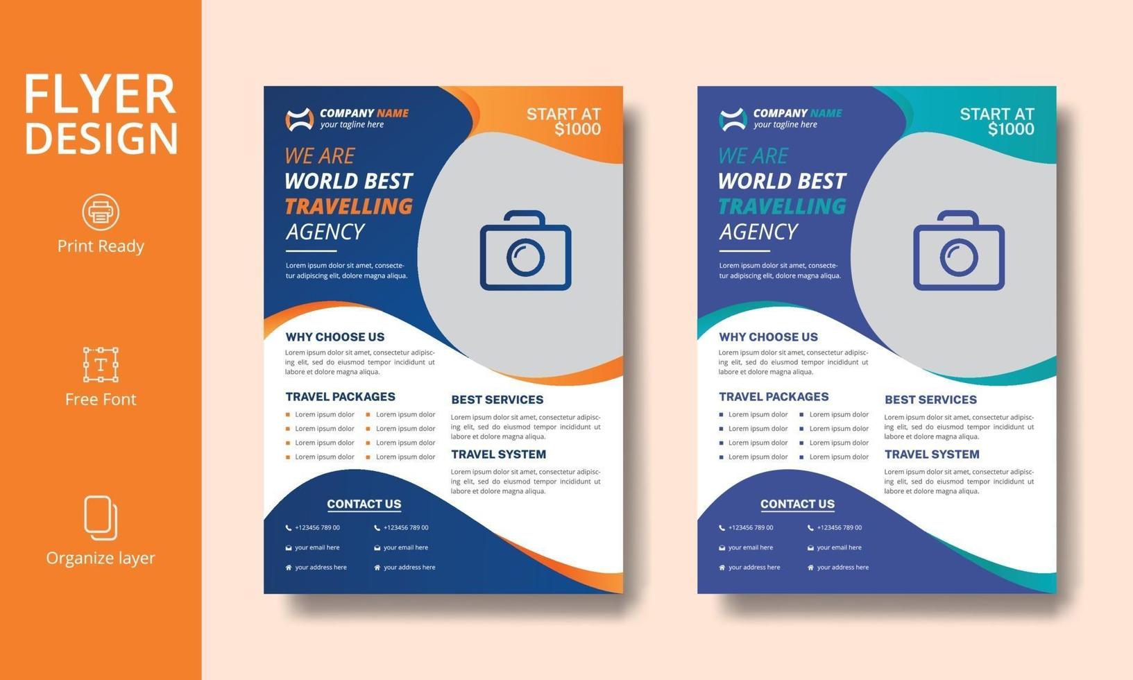 Creative Professional Orange and Blue Travel Agency Flyer Design vector