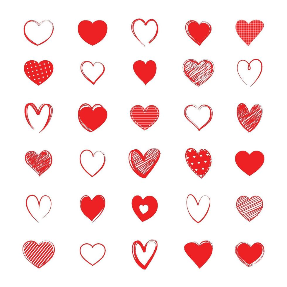 Red heart symbol set. Love icon hand drawn isolated on white background. vector