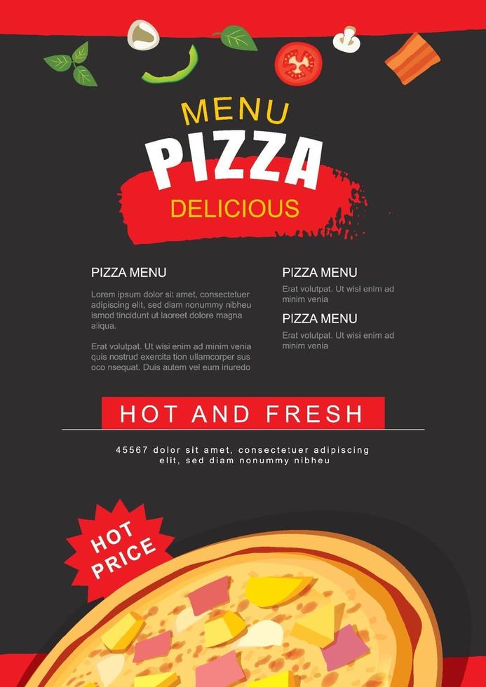 plantilla de menú de pizza para restaurante y cafetería. diseño de volante, folleto. vector