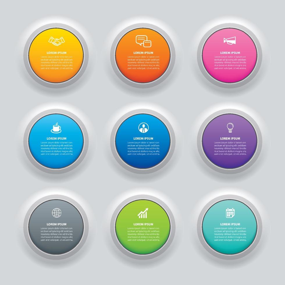 Infographics circle button with 9 data template. Vector illustration abstract background. Can be used for workflow layout, business step, banner, web design.