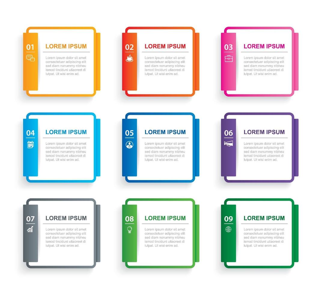 Infographics rectangle paper index with 9 data template. Vector illustration abstract background. Can be used for workflow layout, business step, banner, web design.