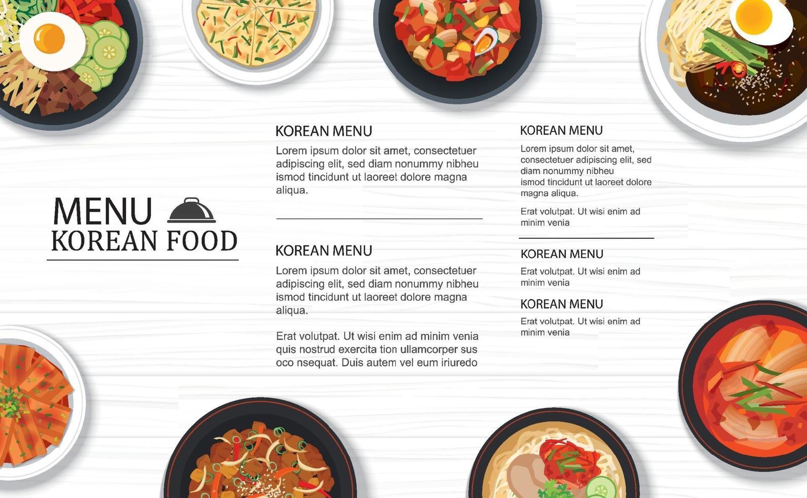 Korean food menu restaurant on a white wooden table top template background. Use for poster, print, flyer, brochure. vector