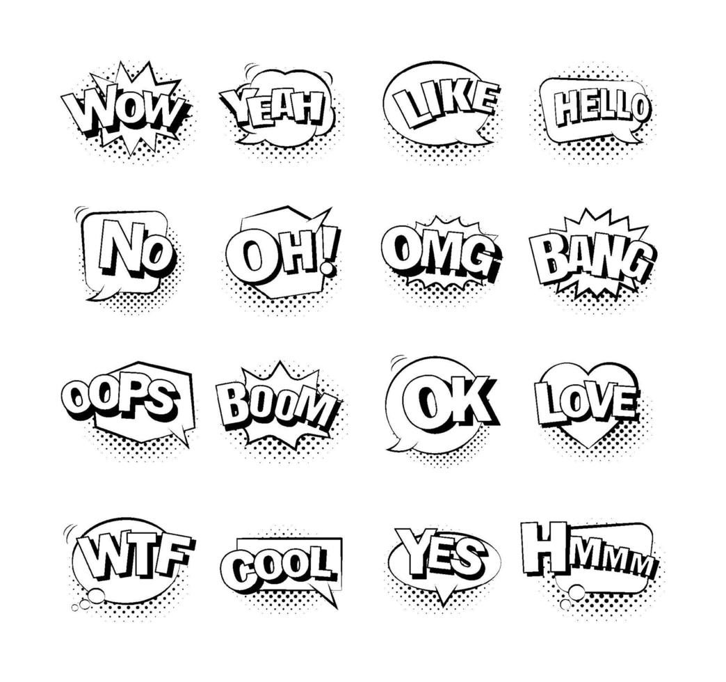 Comic bubble speech with halftone shadow and text. Comic sound effect collection set. vector