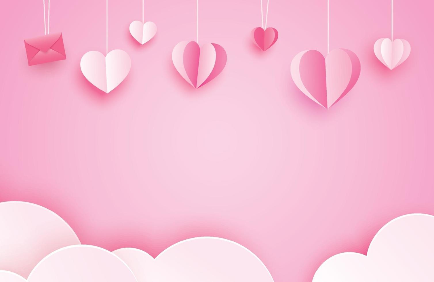 Happy valentines day greeting cards with paper hearts hanging on pink pastel background. vector