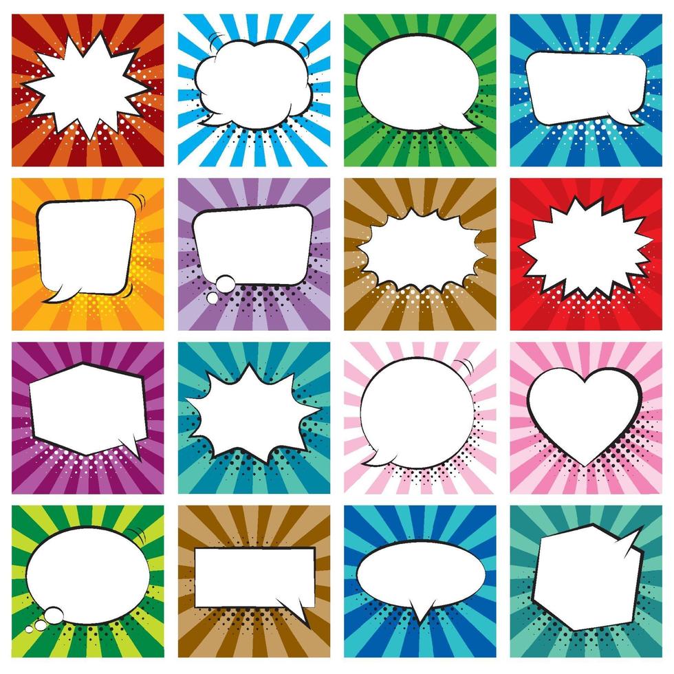 Set of comic speech bubbles on colorful background and halftone shadows. vector