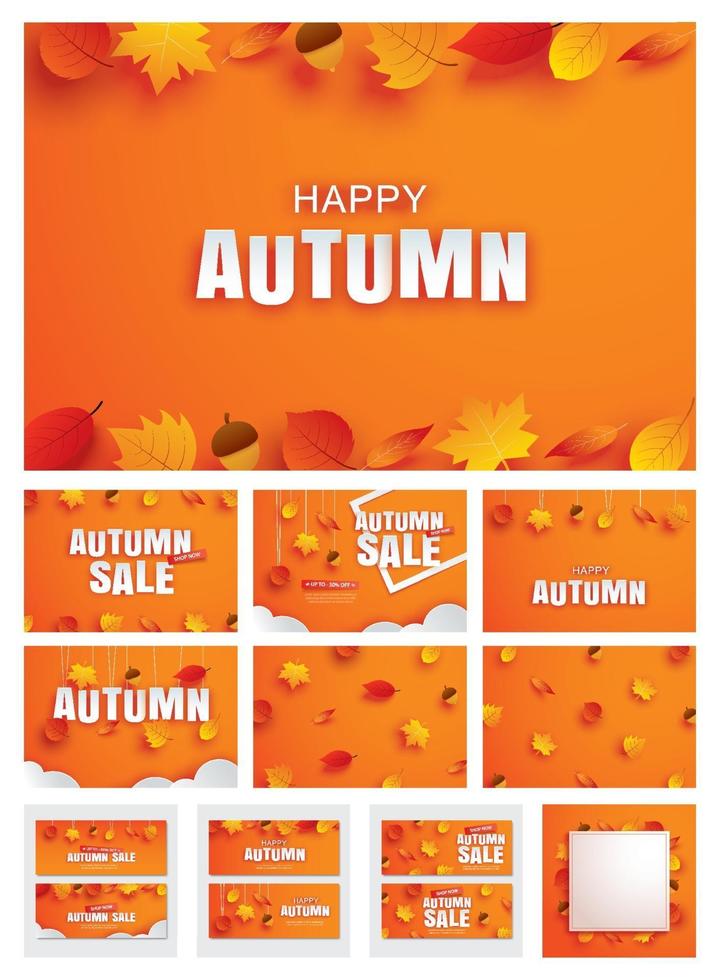 feliz otoño otoño establece invitación y estilo de arte de papel de venta con hojas sobre fondo naranja. vector