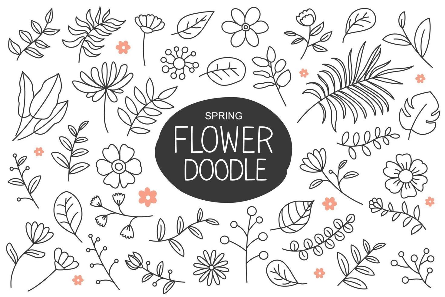 flores de primavera doodle estilo dibujado a mano. colección de elementos florales y hojas. vector