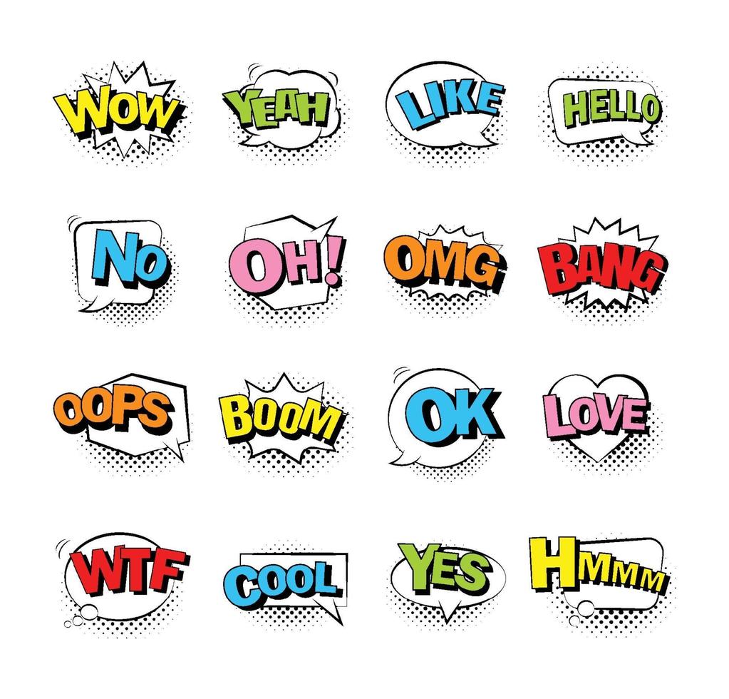 Comic bubble speech with halftone shadow and text. Comic sound effect collection set. vector