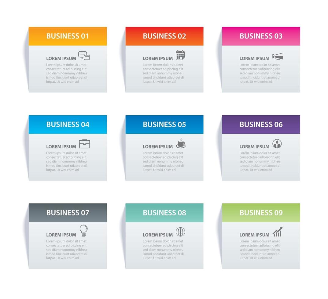 Infographics rectangle paper index with 9 data template. Vector illustration abstract background. Can be used for workflow layout, business step, banner, web design.