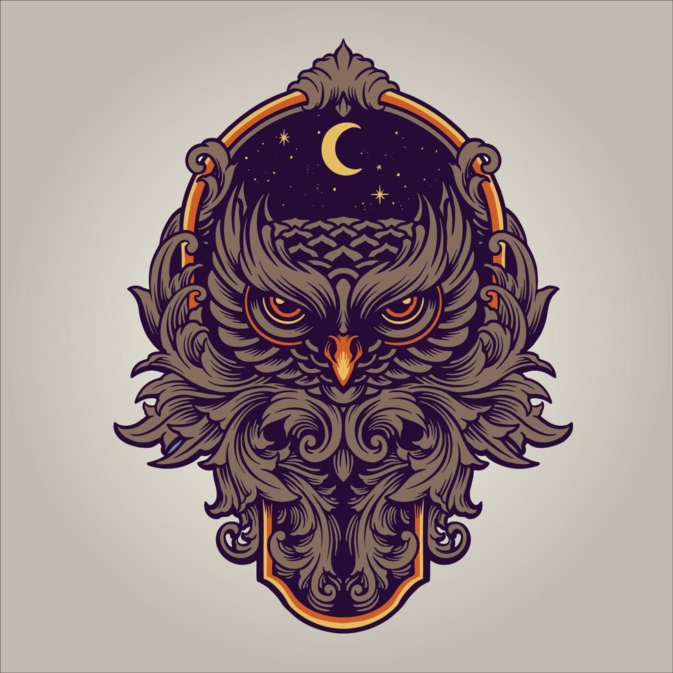 The Night Owl Predator with Ornament Swirl Frame Illustration vector