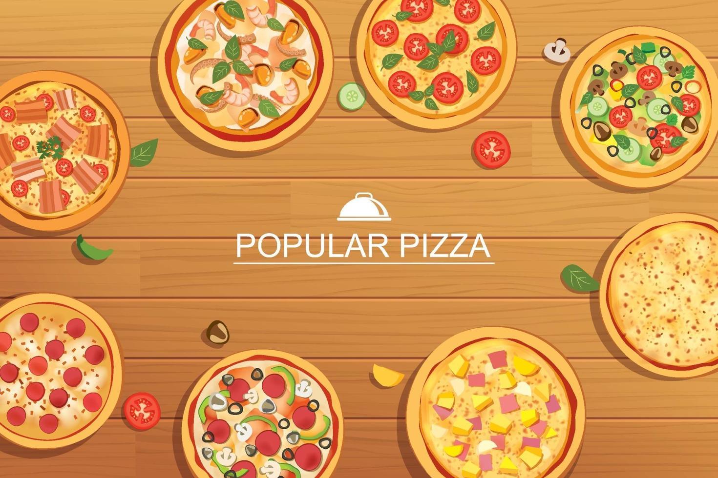 Pizza set different menu on wooden background. Use for design, poster, flyer, banner. vector