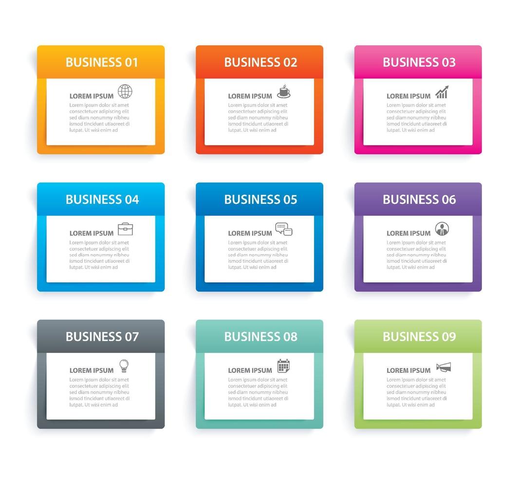 Infographics rectangle paper index with 9 data template. Vector illustration abstract background. Can be used for workflow layout, business step, banner, web design.